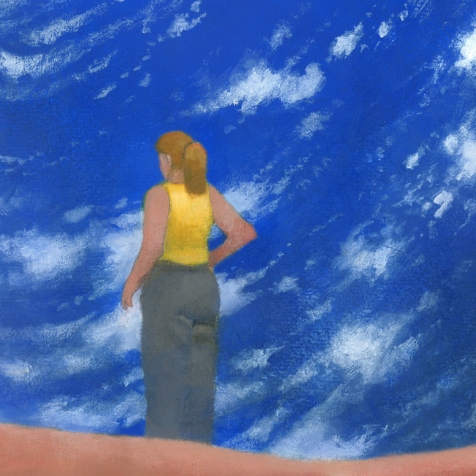 Detail from a painting of a woman standing in front of a globe.