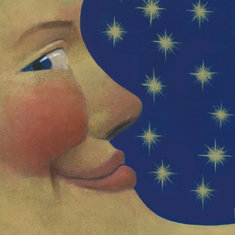 Detail of a painting of smiling moon in front of a star-filled background.