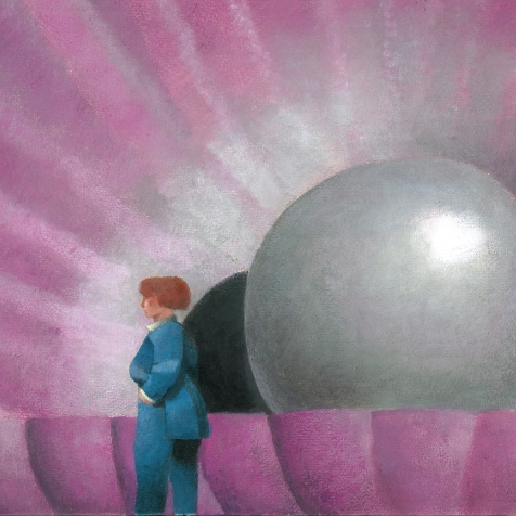 Detail from a painting of a woman standing in front of a pink shell holding a luminous pearl.