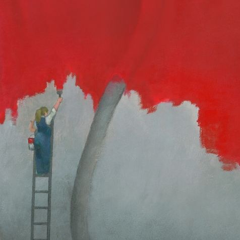 Detail from a painting of a figure on a ladder patiently painting a large rose a vibrant red.
